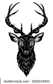 head of a fantastic deer with patterns of a hand drawing, isolated object, vector illustration