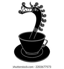 Head of a fantastic dragon or griffin emerging from a cup of tea or coffee. Viking drakkar. Creative funny beverage design. Black and white silhouette.