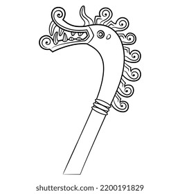 Head of fantastic dragon or griffin with long neck and spiral mane. Viking drakkar. Norse mythology. Black and white linear silhouette.