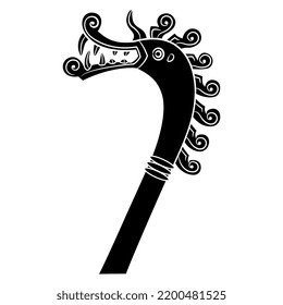 Head of fantastic dragon or griffin with long neck and spiral mane. Viking drakkar. Norse mythology. Black and white negative silhouette.