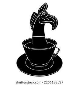 Head of fantastic griffin in a cup of tea or coffee. Funny beverage design. Nomadic Scythian Iron Age Pazyryk culture symbol. Black and white silhouette.