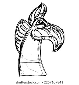 Head of fantastic griffin. Nomadic Scythian Iron Age Pazyryk culture. Hand drawn linear doodle rough sketch. Black silhouette on white background.