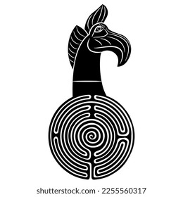 Head of fantastic griffin and a round spiral maze or labyrinth symbol. Nomadic Scythian Iron Age Pazyryk. Black and white silhouette. Creative concept. Enigma of ancient culture.