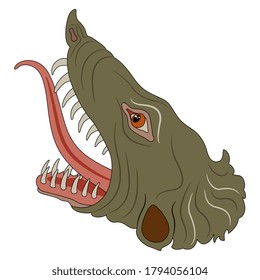 Head of fantastic monster beast. Dragon with open mouth and protruded tongue.