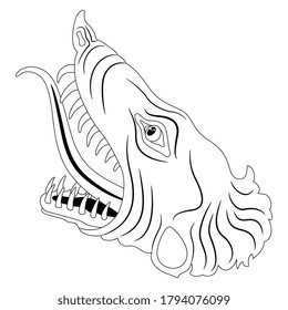 Head of fantastic monster beast. Dragon with open mouth and protruded tongue. Black and white silhouette.
