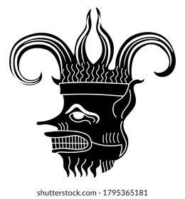 Head of fantastic monster demon. Black and white silhouette.
