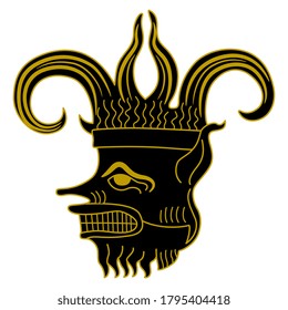Head of fantastic monster demon. Monochrome black and gold silhouette.