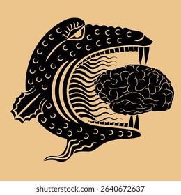 Head of fantastic monster devouring human brain. Metaphor for subconsciousness and dark imagination. Monochrome silhouette. Creative philosophical concept.