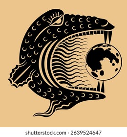 Head of fantastic monster swallowing the full moon. Metaphor for lunar eclipse. Monochrome silhouette.