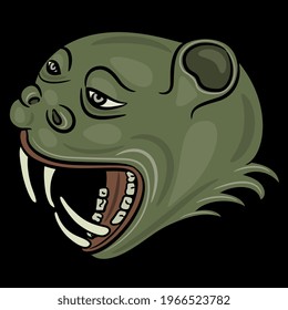 Head of fantastic snarling monster animal. Medieval demon or devil with open mouth and sharp teeth. On black background.