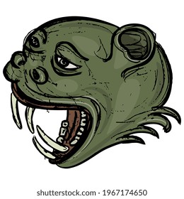 Head of fantastic snarling monster animal. Medieval demon or devil with open mouth and sharp teeth. Hand drawn colorful rough sketch.