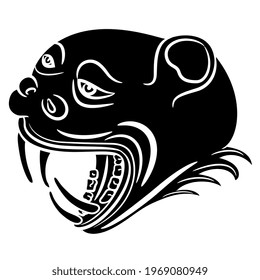 Head of fantastic snarling monster animal. Medieval demon or devil with open mouth and sharp teeth. Black and white silhouette.