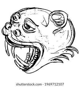 Head of fantastic snarling monster animal. Medieval demon or devil with open mouth and sharp teeth. Hand drawn linear doodle rough sketch. Black silhouette on white background.