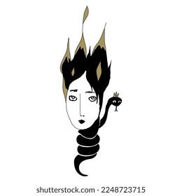 Head of fantastic woman with a snake around her neck and flames in her hair. Creative fine art.