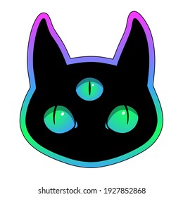 Head of fantasy black cat with three eyes on multicolored bright background