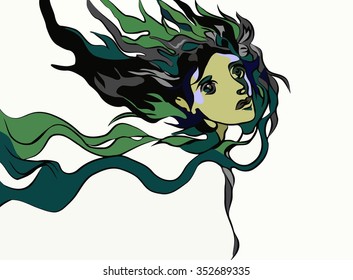 head fantasy girl with long hair on a white background