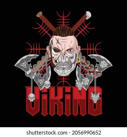 Head of a fantasy Viking. Ancient Celtic hero. Norman culture. Mythical norse warrior. Color tattoo. Mighty barbarian. Vector illustrations of Scandinavian myths for t shirt print.