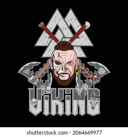 Head of a fantasy Viking. Ancient Celtic hero. Norman culture. Mythical norse warrior. Triskelion. Triskele. Mighty barbarian. Vector illustrations of Scandinavian myths for t shirt print.