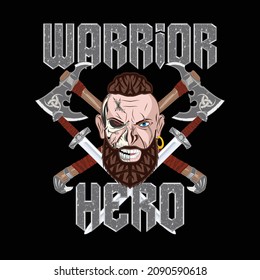 Head of a fantasy Viking. Ancient Celtic hero. Norman culture. Mythical norse warrior. Color tattoo. Mighty barbarian. Vector illustrations of Scandinavian myths for t shirt print.