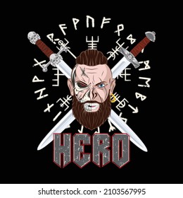 Head of a fantasy Viking. Ancient Celtic hero. Norman culture. Mythical norse warrior. Color tattoo. Mighty barbarian. Vector illustrations of Scandinavian myths for t shirt print.