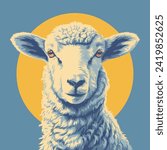 Head of a farm sheep, hand drawn illustration, flat cartoon style