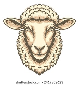 Head of a farm sheep, hand drawn illustration, flat cartoon style