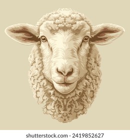 Head of a farm sheep, hand drawn illustration, flat cartoon style