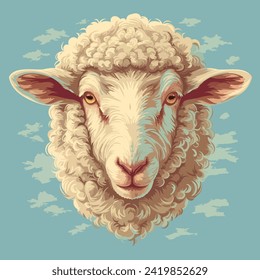 Head of a farm sheep, hand drawn illustration, flat cartoon style