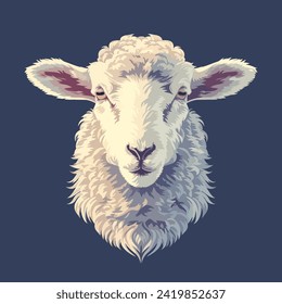 Head of a farm sheep, hand drawn illustration, flat cartoon style