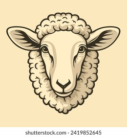 Head of a farm sheep, hand drawn illustration, flat cartoon style