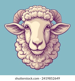 Head of a farm sheep, hand drawn illustration, flat cartoon style