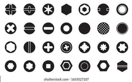 Head of fastener vector black set icon.Isolated icon head fastener of bolt. Vector illustration metal rivet of screw on white background .