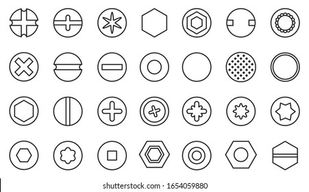 Head of fastener vector outline set icon.Isolated icon head fastener of bolt. Vector illustration metal rivet of screw on white background .