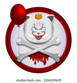 The head of a fat blond cat in the make-up of a scary clown, red balloon and crossbones. Horrible cosplay. Blood streaks in a circle. Sticker or badge
