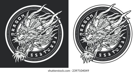 Head fearless dragon flyer monochrome horned monster in round frame for design books and magazines with oriental comics vector illustration