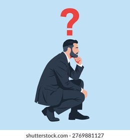 head featuring bearded businessman in suit crouching and thinking under a red question mark keywords: thinking, contemplation, decision, problem, question, strategy, business, man, suit, beard, crouching, pondering, analysis, deep thought, dilemma, solution, seeking, idea, brainstorming, contemplation, decision, problem, question, strategy, business, man, suit, beard, crouching, pondering, analysis, deep thought, dilemma, solution, seeking, idea, brainstorming, contemplation,...