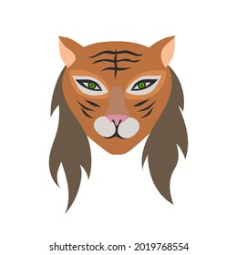 Head Of A Female Tigress With Long Human Hair In Cartoon Style - Flat Illustration. Therianthrope - A Subculture Interested In Zoomorphism, Human-animal Hybrids, Furry 