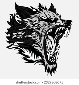 head ferocious wolf aggressive roaring, outline silhouette on a black background for tattoos and tshirt design