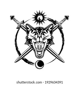 Cabeza de un lobo feroz sobre el fondo de espadas. Sol y luna. Símbolo del Viking. El animal tóxico de los celtas. Ilustración de mitos escandinavos para la impresión de camisetas. Tatuaje negro.