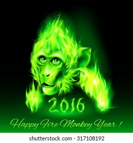 Head of fire Monkey in green color. New Years Banner design on black