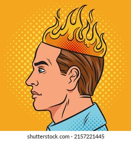 Head with fire pop art retro vector illustration. Comic book style imitation.