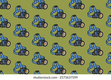 head flashlight with strap colorful doodle seamless pattern on green background. retro LED headlamp background. headlight illustration pattern wallpaper. pattern background with headlamp for adventure