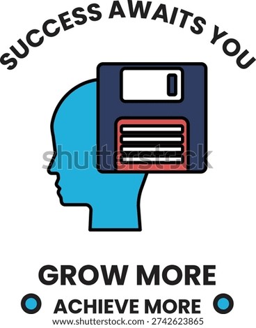 A head with a floppy floppy disk on top of it. The words "success awaits you" are written below the head