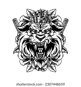 HEAD WITH FLOWER AND KATANA AND KNIFE