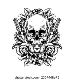HEAD WITH FLOWER AND KATANA AND KNIFE