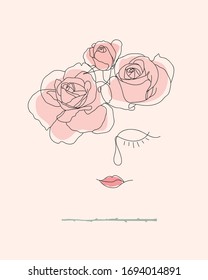 Head Of Flowers Art, Line Art Woman With Flowers, Flower Woman Line Art, Girl With Flowers, Minimal Line Drawing Woman. Young pretty logo. Nature line art