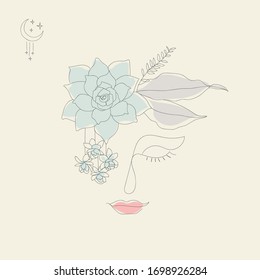 Head Of Flowers Art, Line Art Woman With Flowers, Flower Woman Line Art, Girl With Flowers, Minimal Line Drawing Woman. Young pretty logo. Nature line art