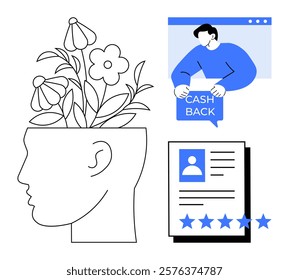 A head with flowers growing from it representing mental well-being. A person receiving cash back and a document with a 5-star rating. Ideal for mental health, online services, customer satisfaction