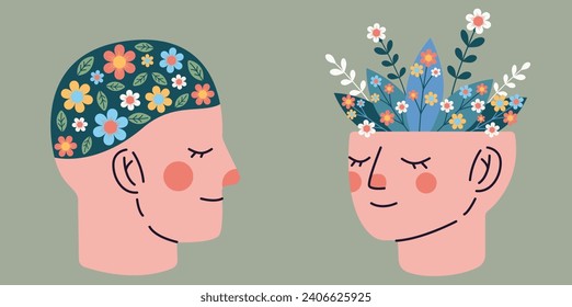 Head with flowers set.Mental health. Keep balance. Slow down and take care of your health. meditation for mental health.peace of mind