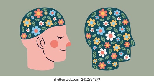 head with flowers. head silhouette with floral print. mental health. emotional condition. balance and harmony